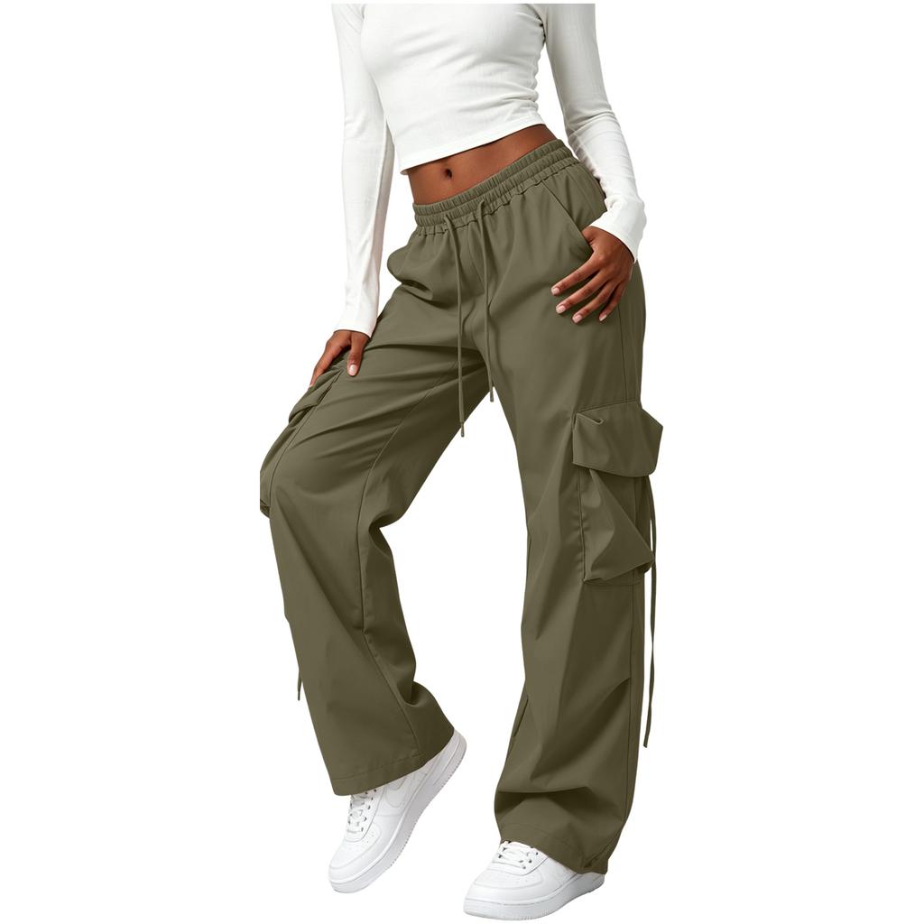 Hohe Taille Gerade Bein Lockerer Schnitt Lange Hosen für Damen Lässige Weite Hosen mit Mehreren Taschen Kordelzug Taille Design