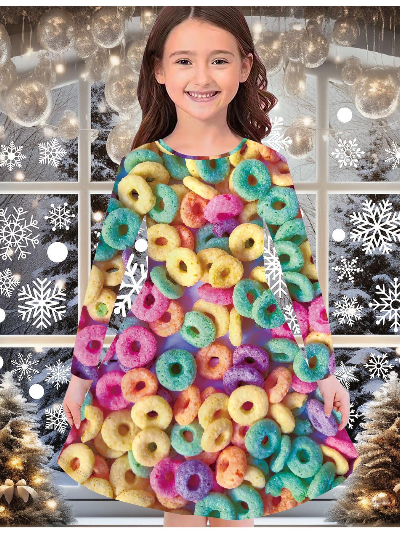 

Girls Autumn and Winter Fashion Dress, 3D Candy Print Round Neck Long Children s T-shirt Dress, Casual Versatile, Christmas Clothing 170 жовтий