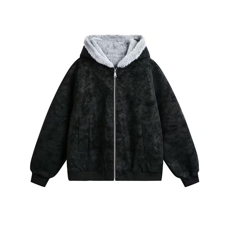 Unisex American Eagle Lychee Leather Hooded Jacket: Winter Plus Velvet, Thick, Loose Fit