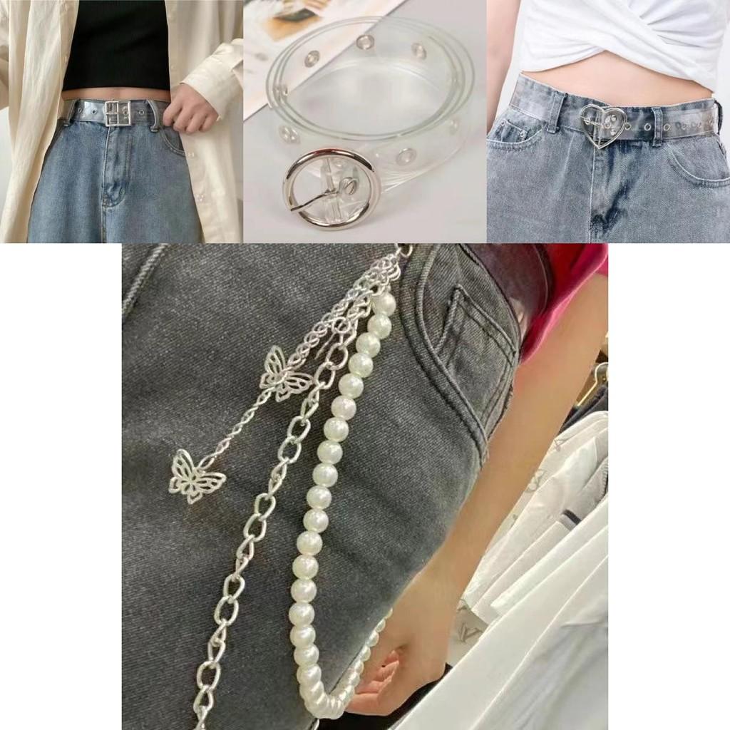 Stylish Transparent Heart Double Row Waist Belt Accessory For Denim Jeans And Outfits With Butterfly Pearl Decoration