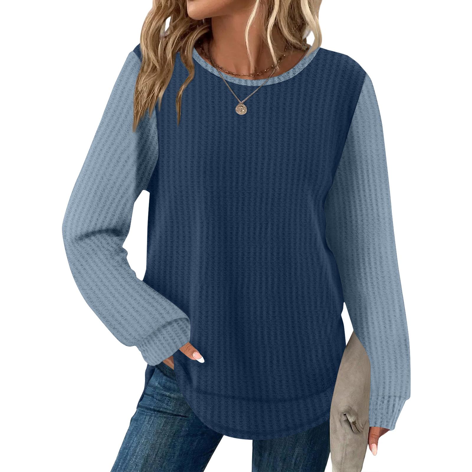 

Жіночий повсякденний вільний топ з круглим вирізом і довгим рукавом у клітинку XL синій