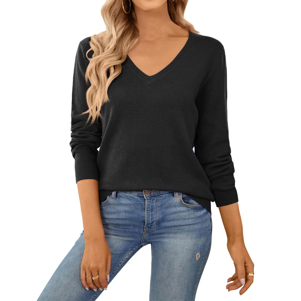 Women's Casual V-Neck Sweater Base Layer Knitted Long Sleeve Solid Color Top