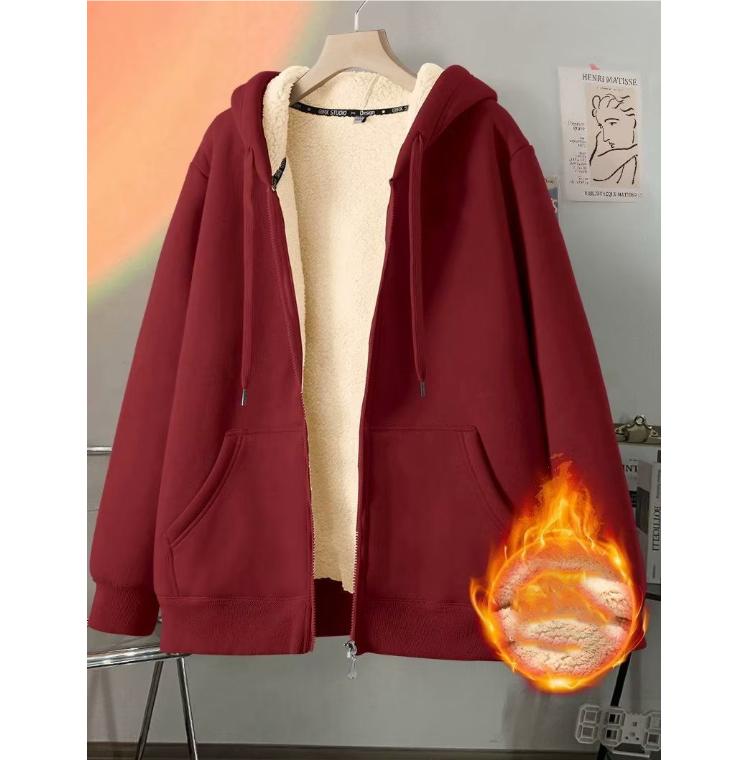 Solid Color Hooded Cardigan Men's Autumn Winter Sheep Plush Coat Thickened Fleece Lined Long Sleeve Hoodie Sweatshirt