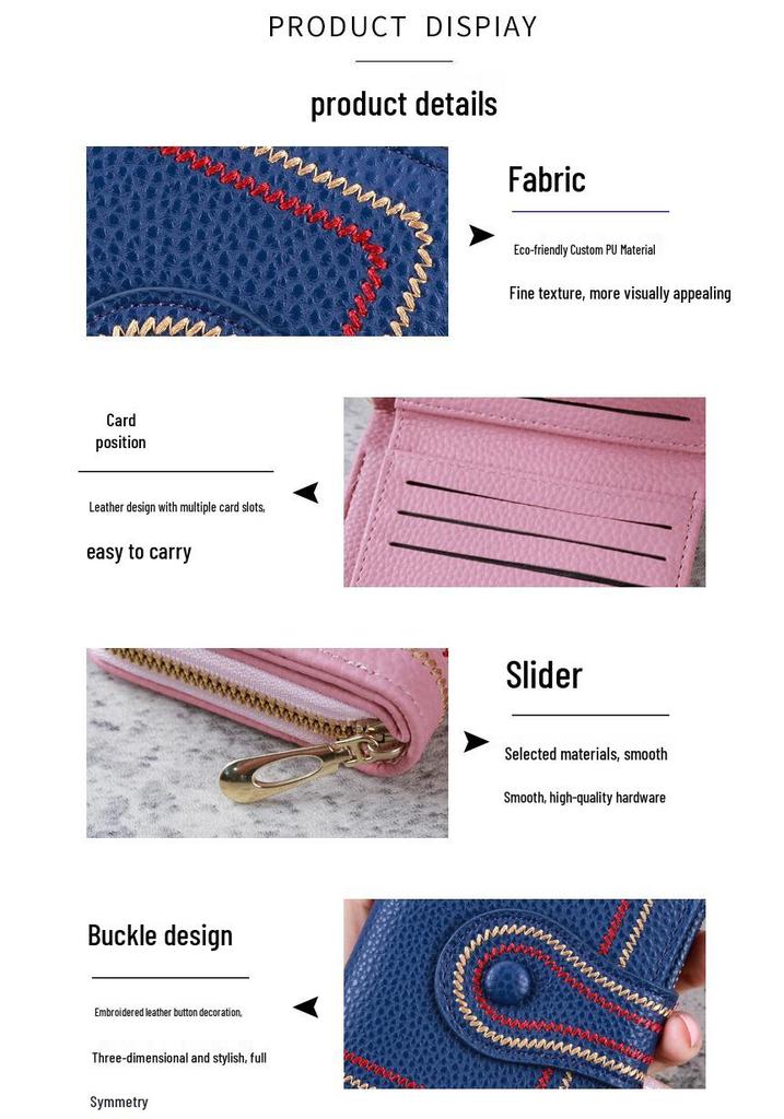 Korean Style Women's Litchi Pattern Embroidered Wallet with Zipper & Buckle