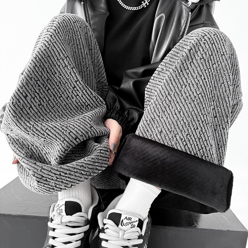 Striped Wide-leg Pants Women's Autumn and Winter Velvet Thickened Retro Atmosphere Lazy and Drape Casual Trousers
