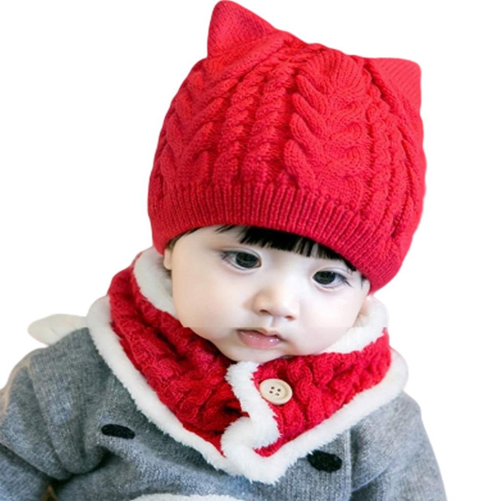 Miaotti Baby Knit Hat and Neck Warmer Set for with Cold One Size Fits All Ages Newborns, Winter, Ears, Protection, 0-2 (Red)