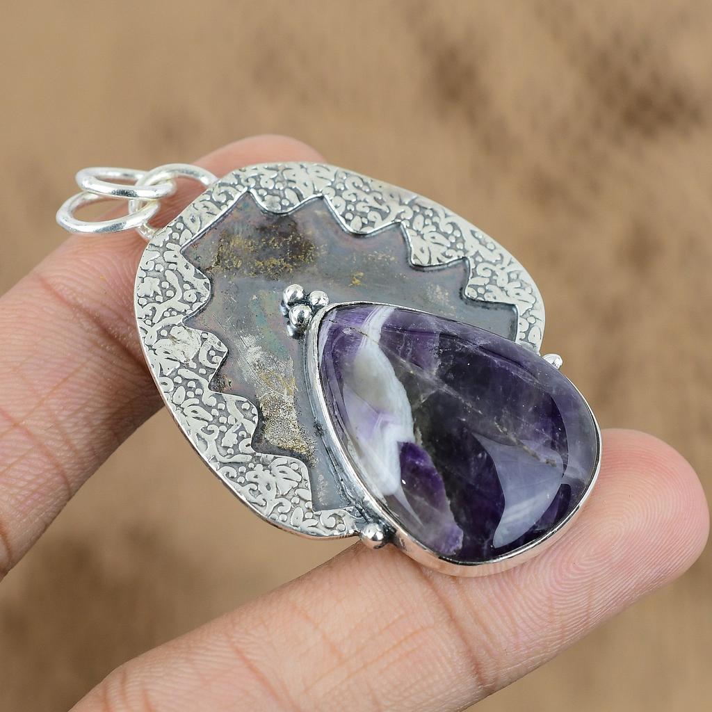 Natural Chevron Amethyst Gemstone Pendant 925 Sterling Silver Indian Jewelry
