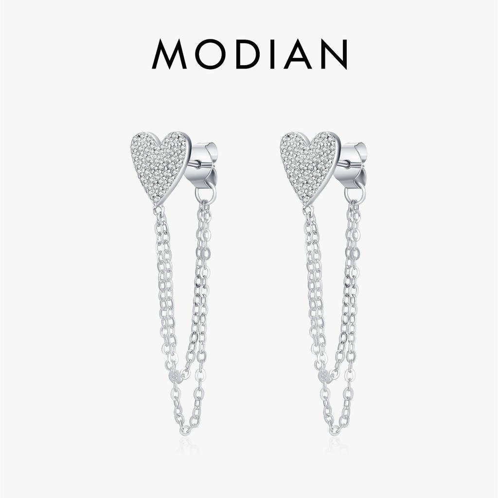 MODIAN 925 Silver Sparkling CZ Hearts Long Tassel Chain Trendy Daily Stud Earrings For Women Fine Jewelry Gifts