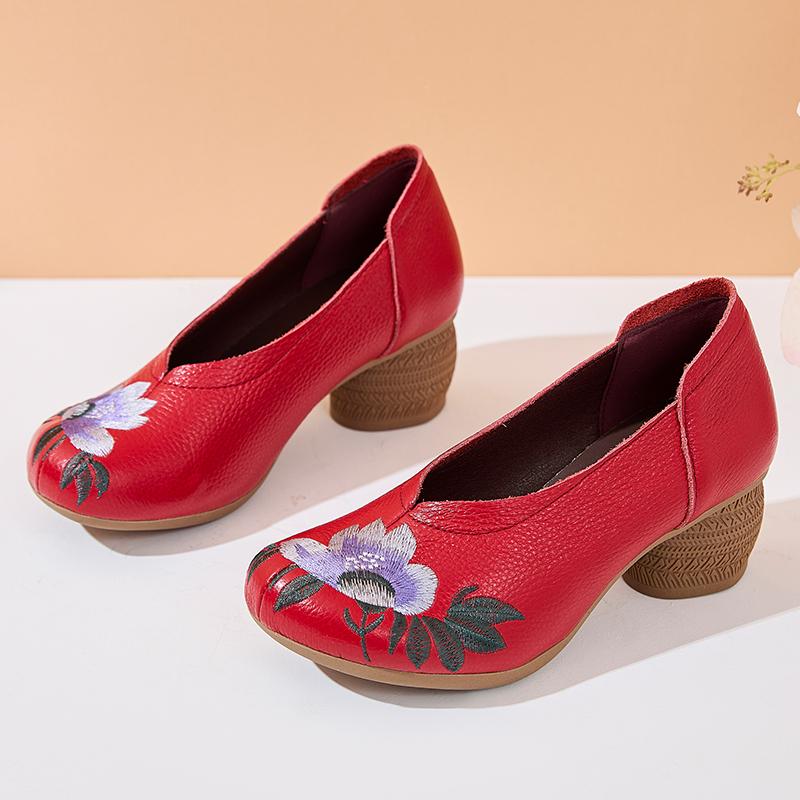 Fashion GKTINOO 2025 Spring Embroidery Genuine Cow Leather Shoes Women Shoes Fashion Mom Shoes Woman Ethnic Handmade Shoes High Heels