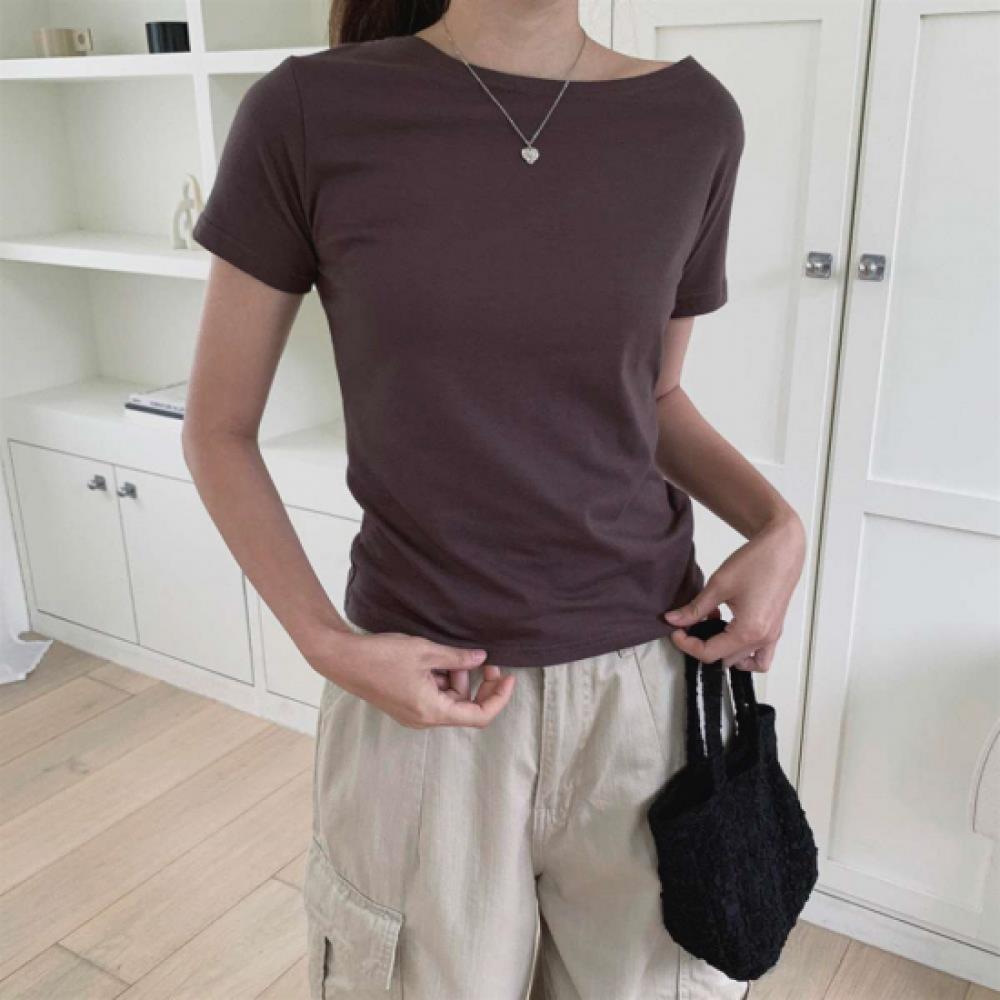 New Arrivals Open Run Women Spandex Blend CoTTon BoaT Neck ShorT Sleeve T shirT