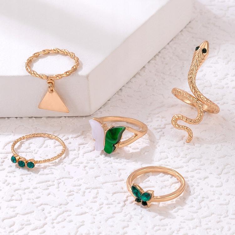 Set mit 5 goldenen Ringen im Retro-Punk-Vintage-Stil mit Schlangen- und Schmetterlingsmotiven (grün)