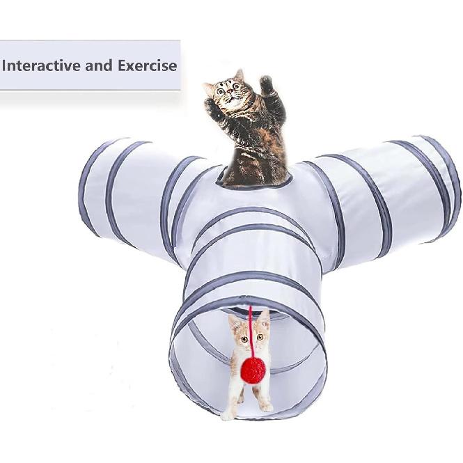 Cat Tunnel Tube Toys, Tunnels for Indoor Cats, 3 Way Colorful White Gray Collapsible Interactive Toy with Balls for Rabbits, Kittens, Ferrets, Puppy