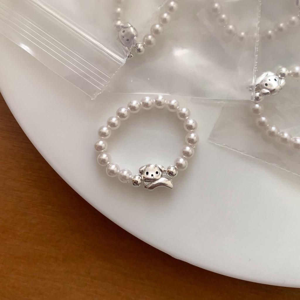 VENTFILLE 925 Sterling Silver Dog Pearl Ring For Women Irregular Beads Elastic Cute Sweet Design Jewelry Party Gift Dropshipping