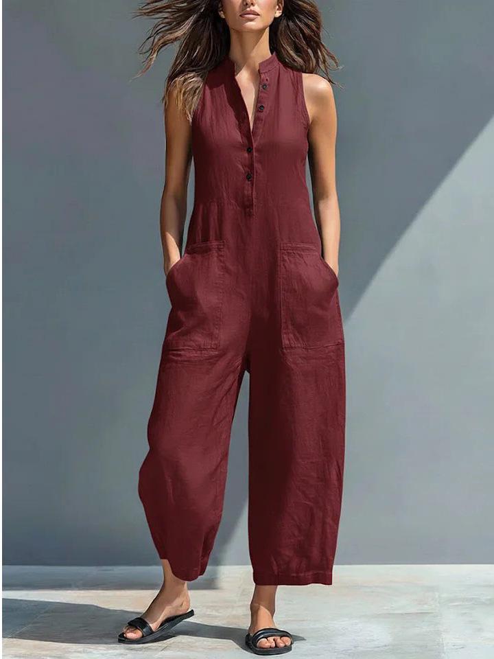 

In-Stock Women s European & American Style Sleeveless Stand Collar Button Jumpsuit - Vacation Ready XL вина червоного кольору