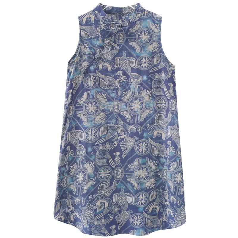 Retro Modified Disc Button Cheongsam Skirt Loose Slimming Sleeveless Printed Dress
