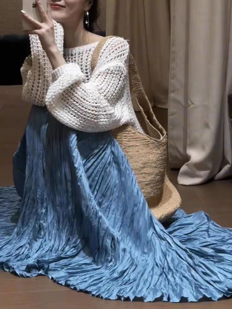 

Женская плиссированная юбка макси неправильной формы - 720° клеш, супердлинная до пола, приталенного силуэта, фасон зонт One Size светло-синий