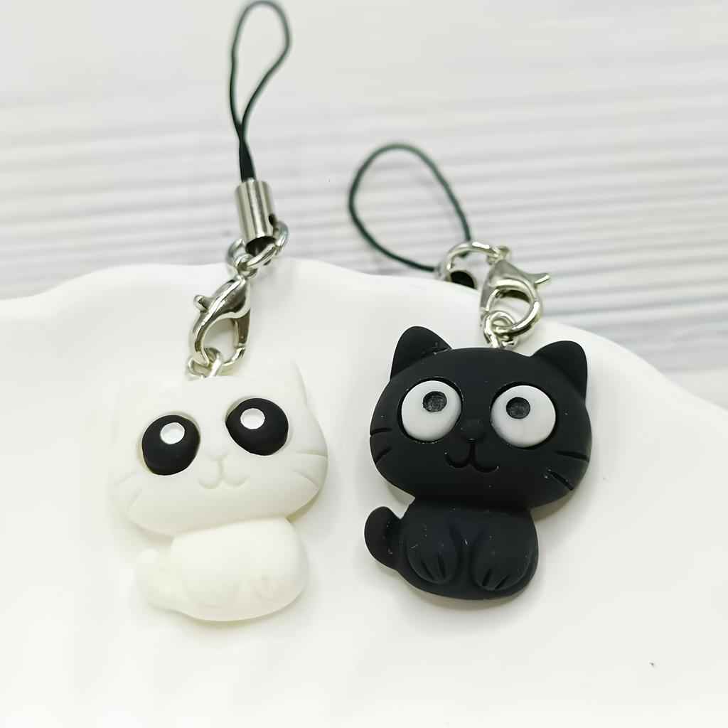 1 Roztomilý kočičí přívěsek na šňůrku k telefonu, Rozkošný černobílý design kočky, Vhodný pro pouzdra na telefony, Tašky a pouzdra na sluchátka
