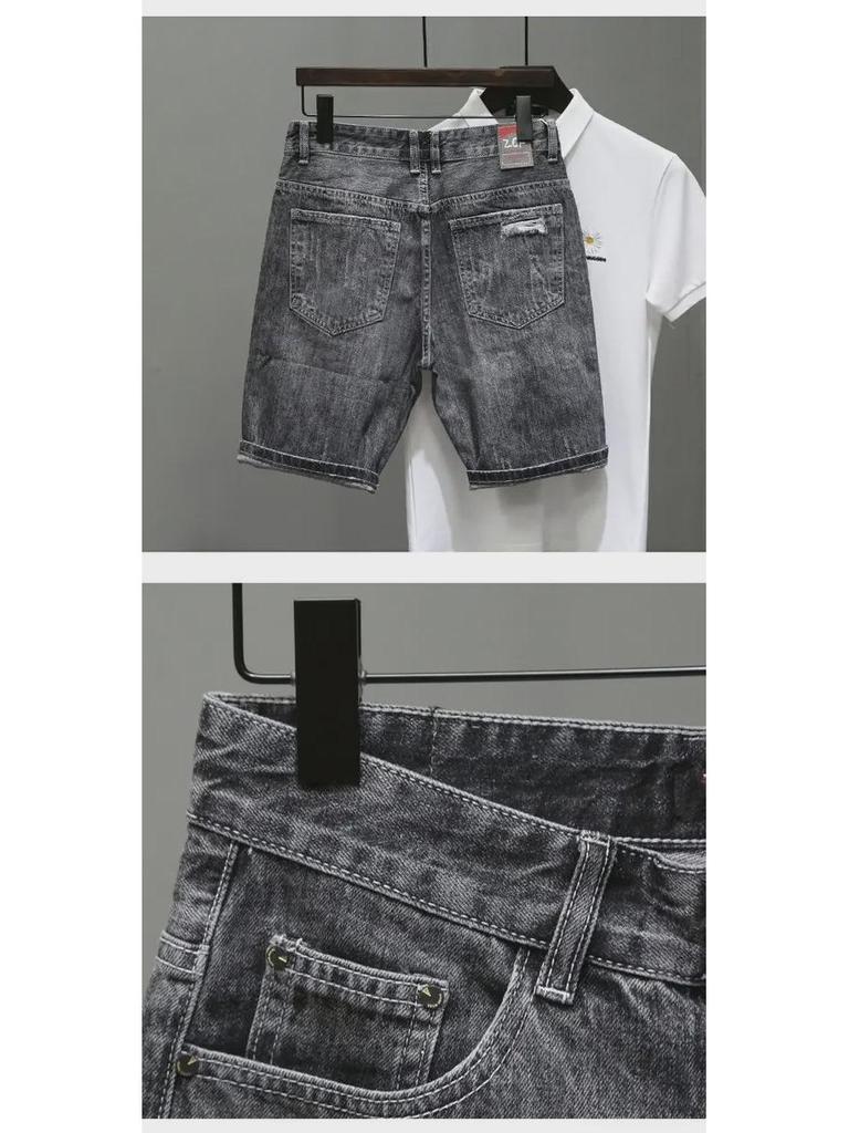 Boys' Slim Fit Light Blue Ripped Denim Shorts with Whisker Print