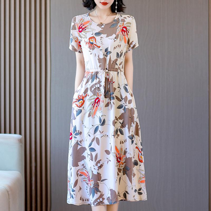 Elegant Dresses for Women  New Casual Vintage Print Long Dress Summer Short Sleeve Korean Style Female Clothing
