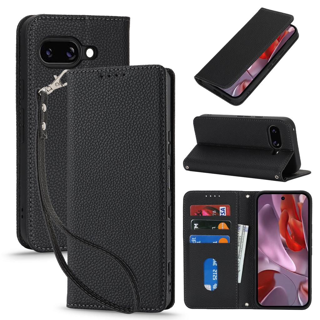 For Google Pixel 9a Case Stand Wallet Litchi Texture Leather Flip Phone Cover with Strap