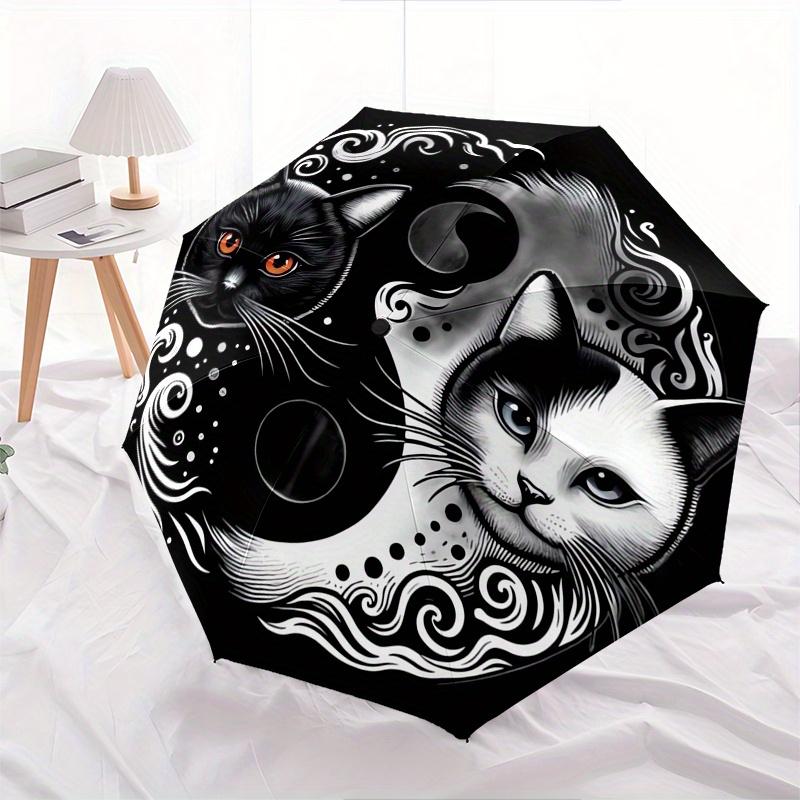 Yin Yang Cats Automatic Folding Umbrella 8 Ribs, Durable Iron Frame, Bright Color Pattern Compact Travel Umbrella, Suitable for Outdoor, Be