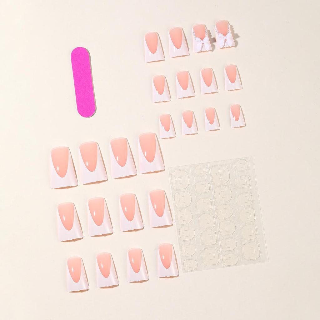Duckbill Style White French Tip Press-On Nails with Pearl Bow