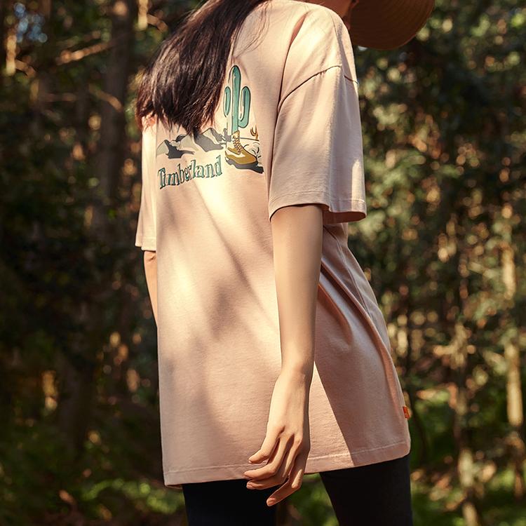 Timberland Casual Back Print Desert Environment Round Neck Short Sleeve T-Shirt Unisex Tops Light-Pink A6CHE-662