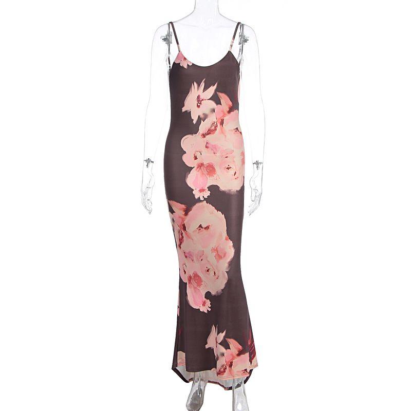 

Outfitgirl Large Flower Print Elegant Elegance Mop over the Knee Formal Dress Bare Back Sling Dress Flower color L