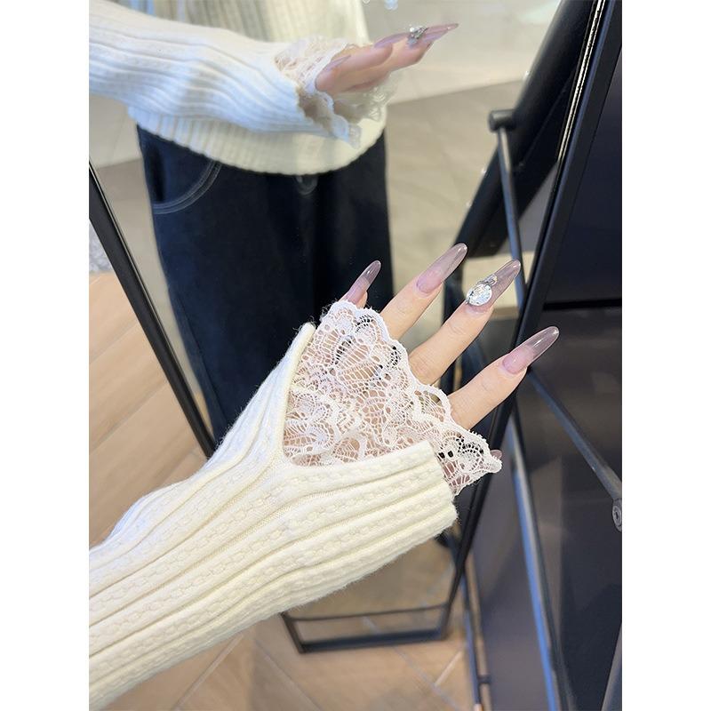 Premium semi-turtleneck lace knitted sweater inside, autumn and winter slim-fitting and thin top, bottom sweater women