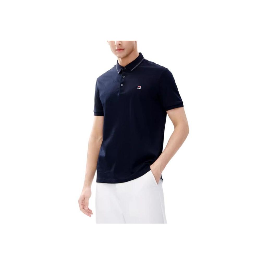 Fila Casual Solid Color Logo Knitted Short Sleeve Polo Shirt Men Polo Shirts Legendary-Blue F11M231117FNV