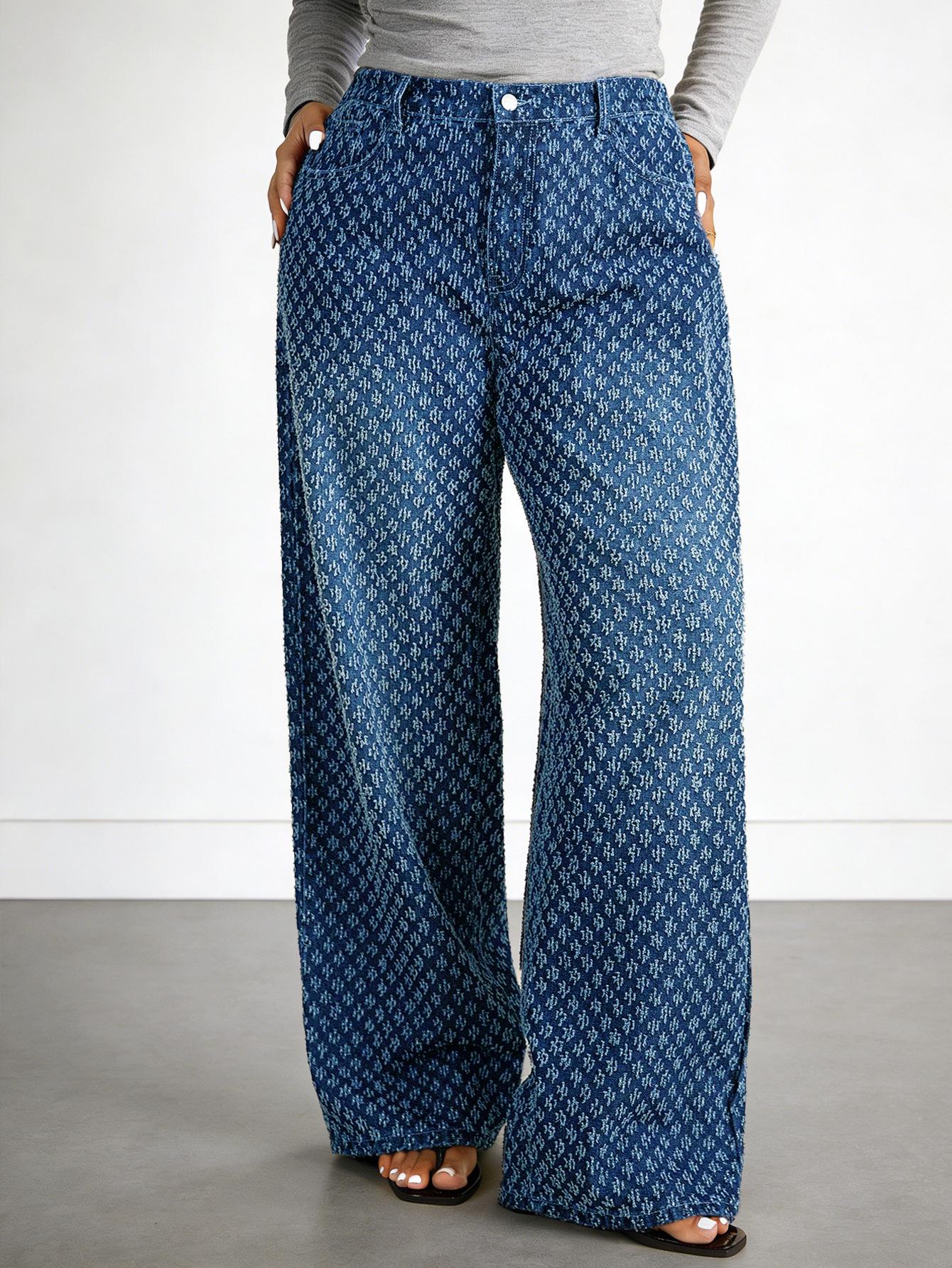 Plus Size Women s Starry Sky Straight Jeans - Crochet American High Street Design Wide Leg Pants 1XL