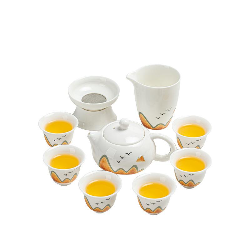Suet jade tea set, kung fu set, white porcelain office household teapot cover bowl teacup
