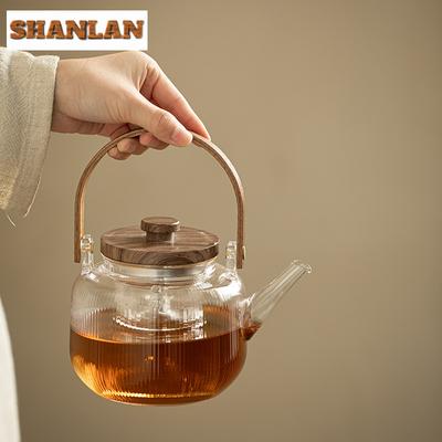 800ml Transparente Glas Teekanne mit Bambushenkel Vertikales Muster Dampf-Teekanne Kochender Wasserkocher Kessel Chinesisches Teegeschirr