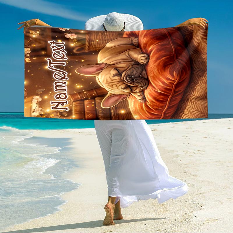 1PC Custom Name Cozy French Bulldog Nap Beach Towel Highly Absorbent And Sand-Resistant Towel for Swimming, Pool, Yoga, And Travel Lightweight