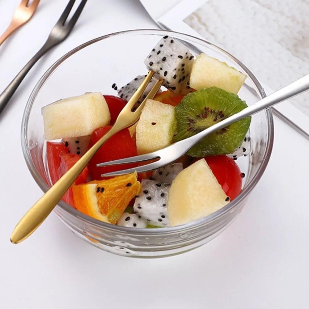 Stainless Steel Fruit Fork Tableware Long Handle Fruit Stick Food Picks Two-tine Small Toothpick Kitchen Accessories