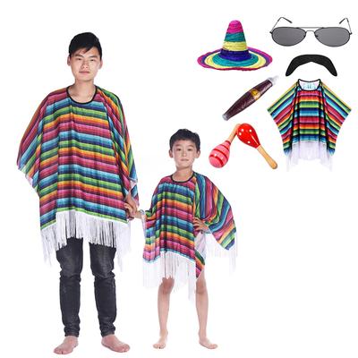 Mexicans Party Outfit for Kids Adult with Poncho Cape Sombrero Hat Sunglasses Maracas and Mustache for Interactive Fun