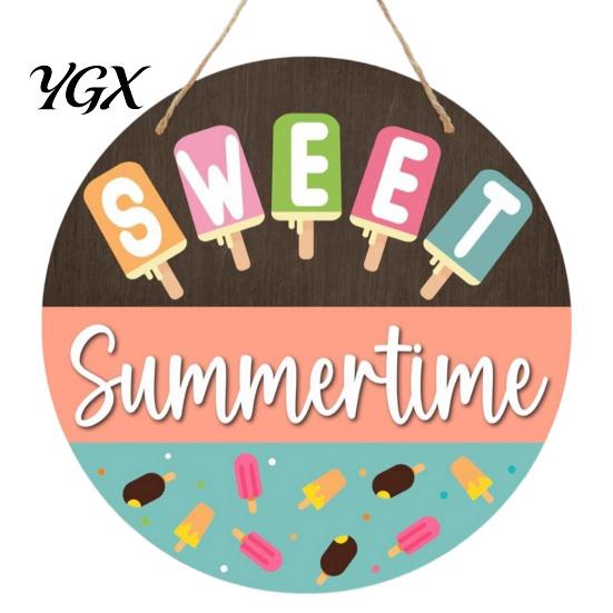 Tropical Wall Decor Hello Summer Door Sign, Ice Pop Flip Flop Welcome Hanger, Party Decoration Farmhouse Hanging Wooden Wreath for Front Home