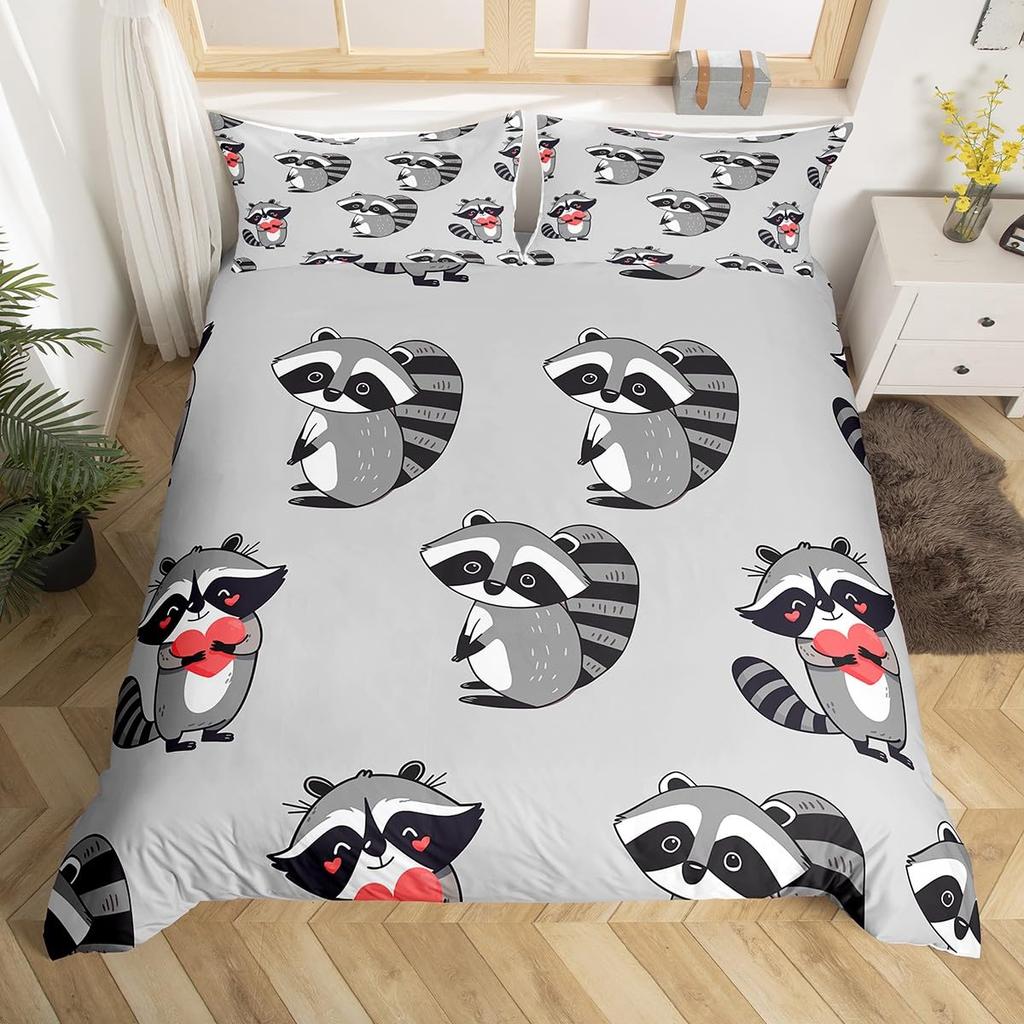 Waschbär Bettwäsche-Set für Jungen Kinder Mädchen Niedlicher Cartoon Wildtiere Bettbezug Liebevolle Tiere Bettdeckenbezug Polyester Steppdeckenbezug