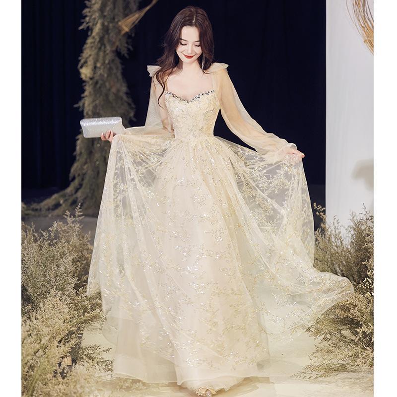 Champagne evening dress women's 1011 new summer high-end banquet temperament host dinner fairy dress