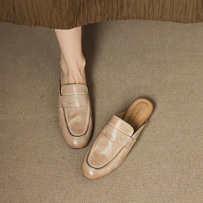 Fashion NEW Summer Women Mules Genuine Leather Shoes for Women Round Toe Low Heel Shoes Cover Toe Slip-on Women Sandals Retro Slippers