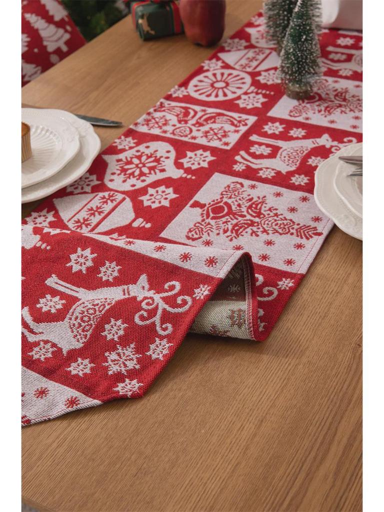 Jacquard Polyester-Cotton Christmas Table Runner with Floral Bells