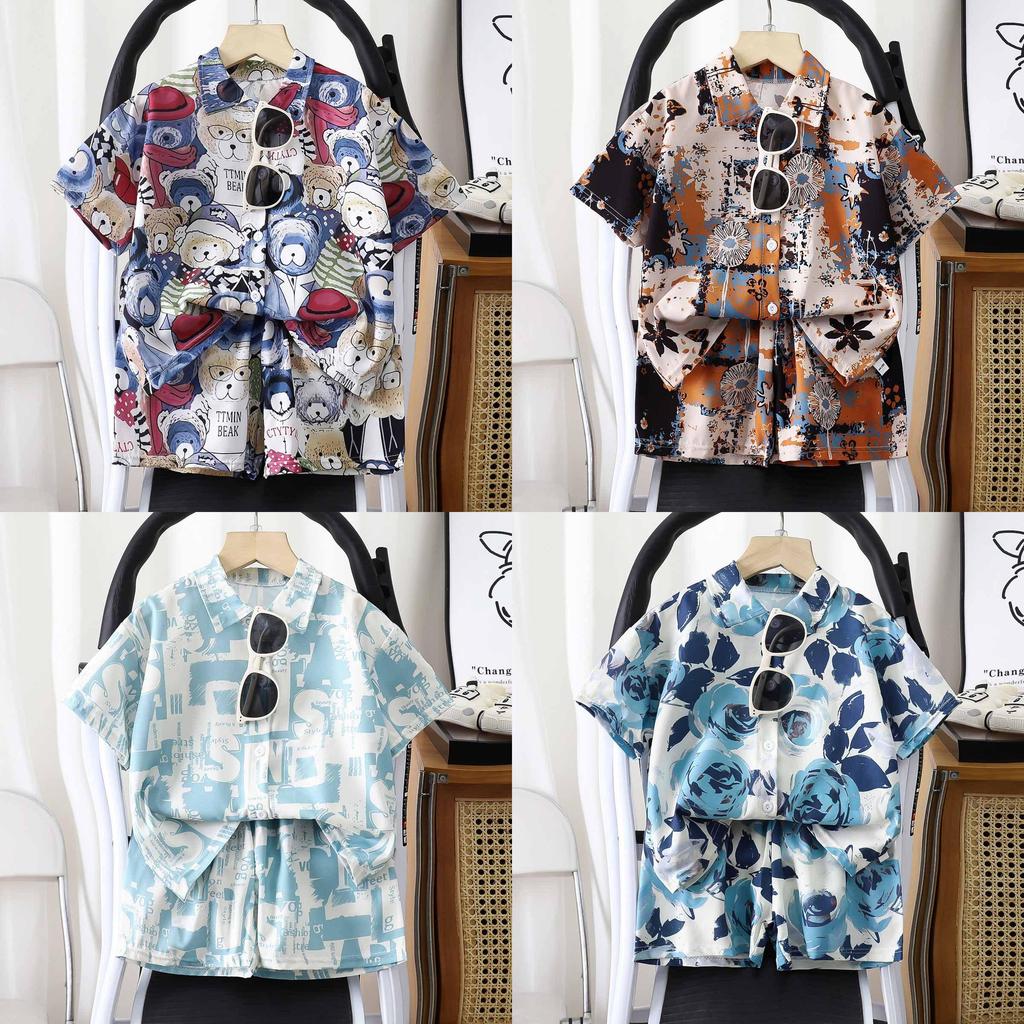 Summer Kids Cotton Blend Floral Shirt Shorts Set For Boys And Girls