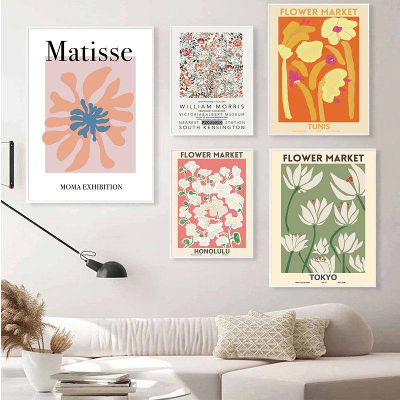 Abstrakt blomstermarknad Vintage Akvarell Väggkonst Canvasmålning Nordiska affischer och tryck Väggbilder för vardagsrumsinredning