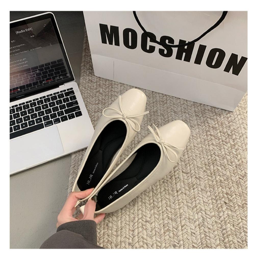 Women Leather Flat Shoes Fashionable Round Toe Casual Ballerina Bow Ballet Shoes Soft Moccasin Black with Beige Lolita Shoes