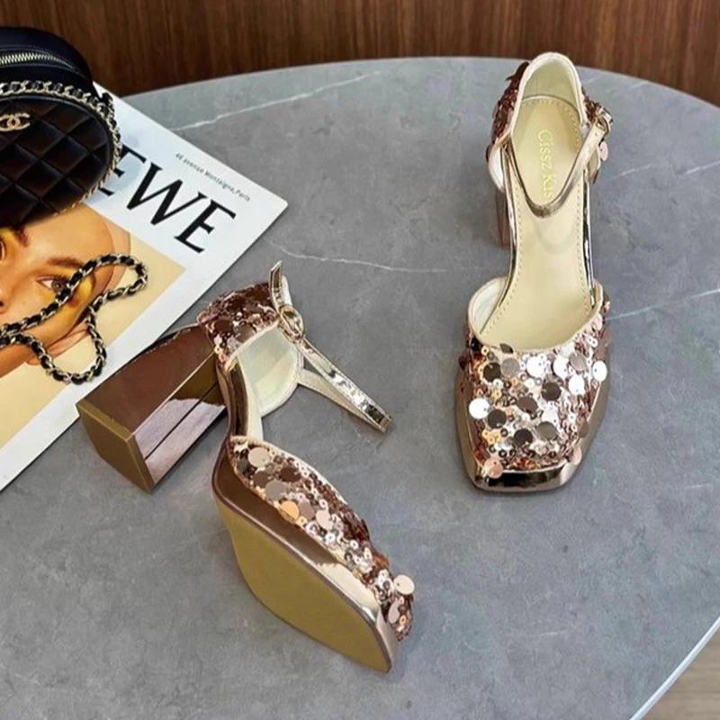 Bling Women's High Heels Sandals Luxury Mary Jane Summer Square Toe Shoes 2025 Designer Party Wedding Chunky Zapatos Mujer
