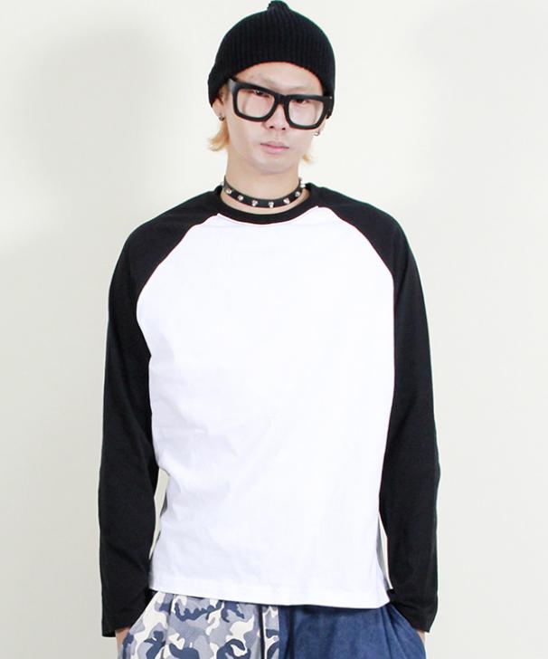 Deumakeu Raglan Color Block Solid Long Sleeve T-Shirt Black & White