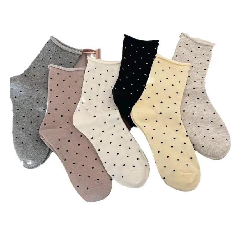 Female Spring and Summer Retro Curled Edge Polka Dots Literature Yuezi Tube Stack Socks
