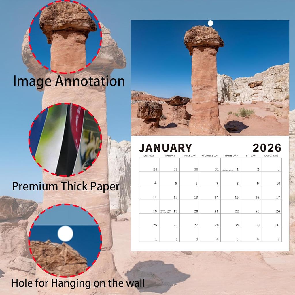 Gag Gifts - 2026 Wall Calendar, Funny Calendar, 8.5" x 11" (Open), Nature's Cock Shots Calendar with Fun Rock Photography, Dirty Santa Gift and White