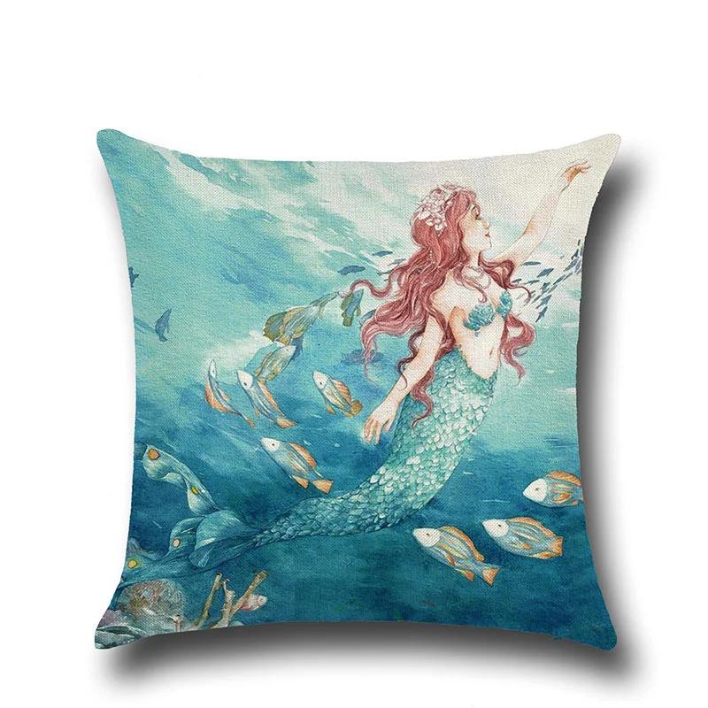 Sea Turtle Nautical Mermaid Pattern Cotton Linen Throw Pillow Cushion Cover Car Home Decoration Sofa Decorative Pillowcase 40018