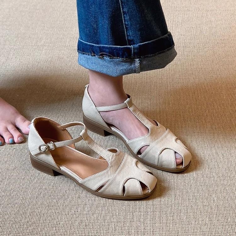 Versiune piele de oaie~ sandale de vară retro cu vârf rotund gol din piele pentru femei, cu o bandă și toc gros gol, stil literar, pantofi cu vârf închis